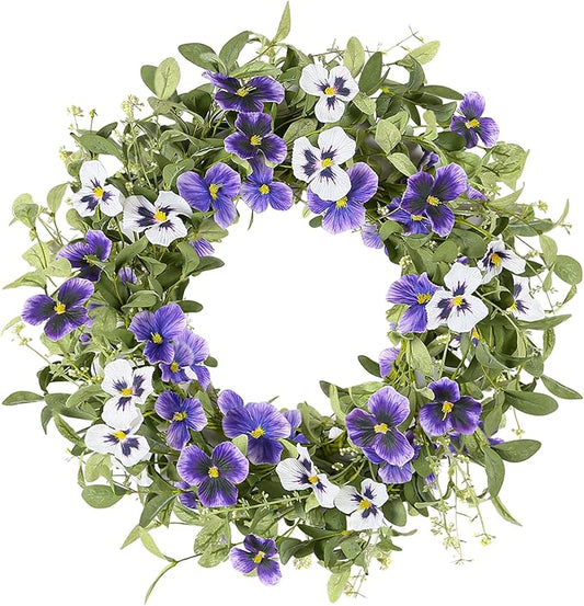 YNYLCHMX 18" Spring Summer Wreaths for Front Door, Artificial Floral Wreath with Purple Pansy Flowers Green Eucalyptus Leaves, Green Foliage Wreath for Wall Window Farmhouse Party Holiday Home Decor