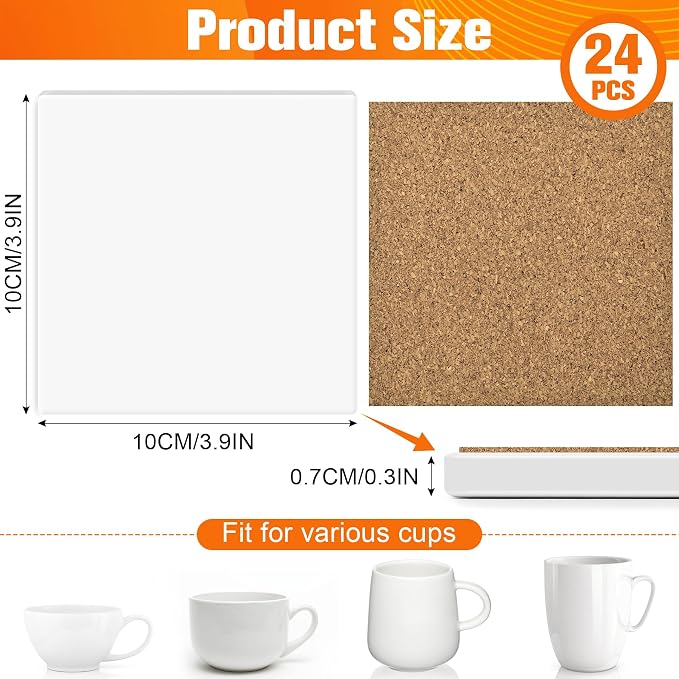 24 PCS Sublimation Coasters Blanks Ceramic Tiles Bulk 4x4 White Unglazed Glazed Ceramic Tiles for Crafts with 24 Cork Sticker Back, Square Coasters Sublimation for Heat Transfer DIY Painting