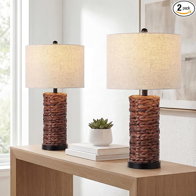 JONATHAN Y 25" Dark Brown Coastal Water Hyacinth Table Lamp Set of 2, Bedside Lamp with Light Grey Linen Shade, Boho Farmhouse Decor for Living Room Nightstand, LED Bulbs (JYL6502B-SET2)