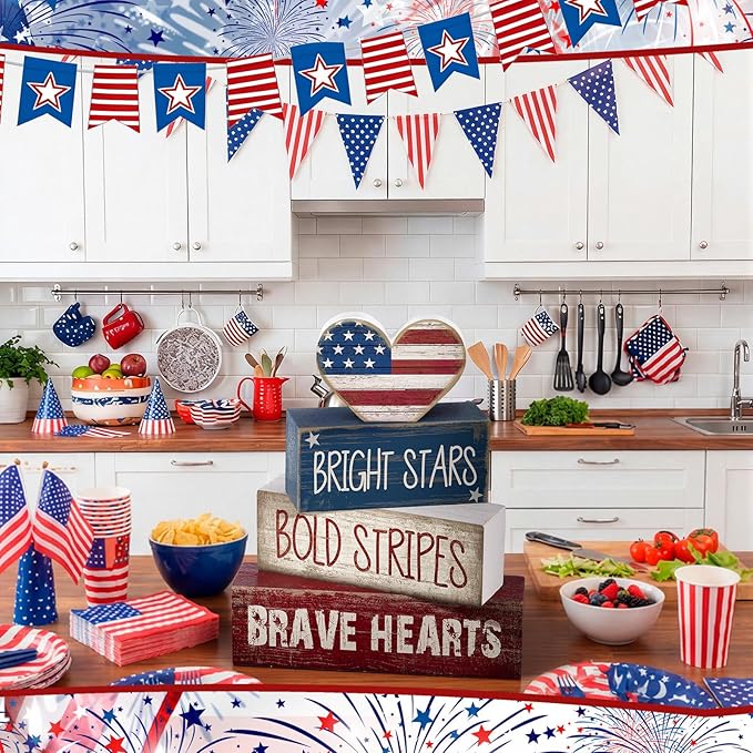 CroBlissful 4 Pcs 4th of July Decorations Patriotic Memorial Day Tabletop Decorations Red White Blue Table Centerpieces Sign for Office Tiered Tray Home Shelf 250th Anniversary(Brave Heart)