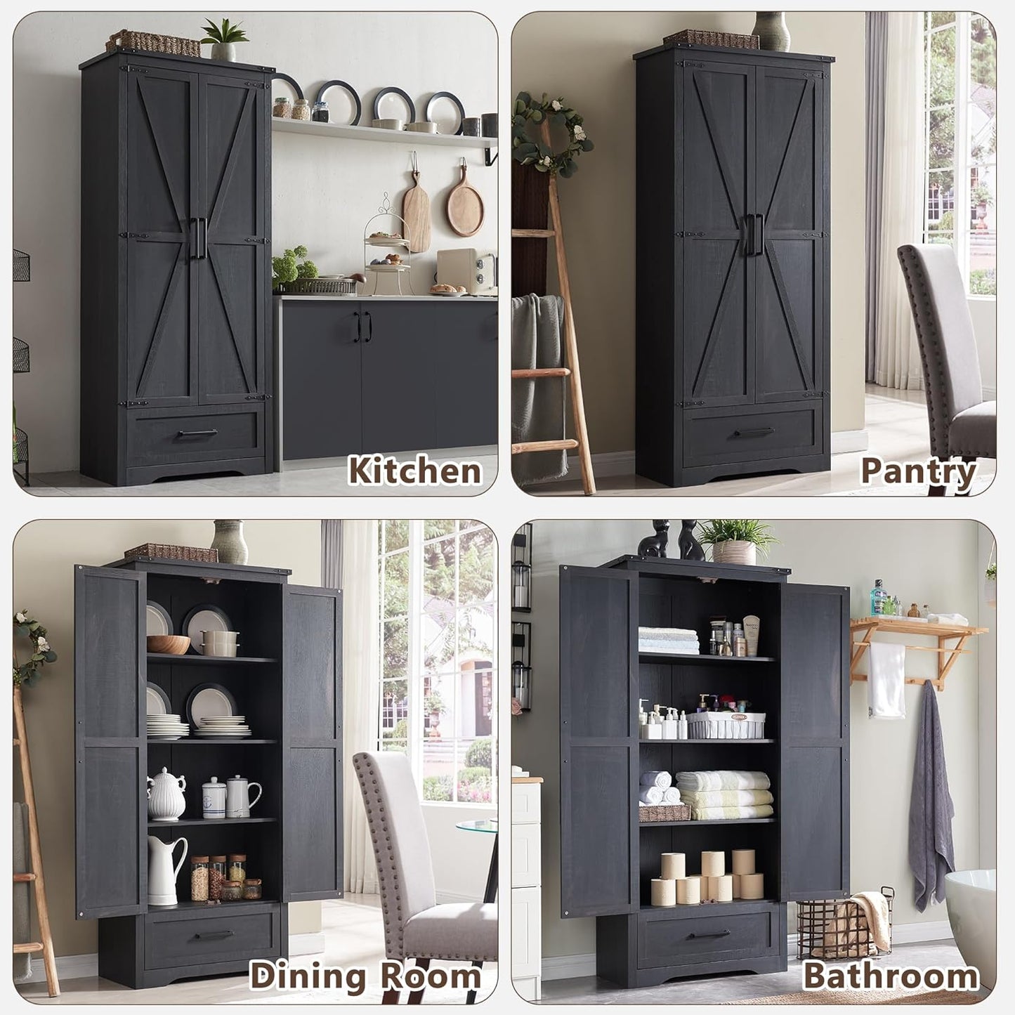 72" Tall Wood Storage Cabinet, Farmhouse Kitchen Pantry Cabinet with Adjustable Shelves & Drawer & Barn Doors, Versatile Storage for Kitchen, Dining Room, Bathroom, Black