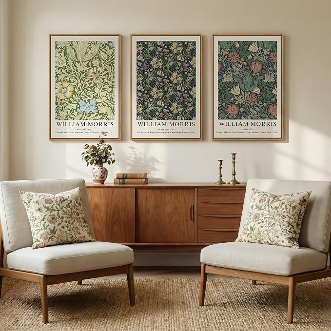 Large Framed William Morris Green Wall Art Set of 3, Vintage Floral Canvas Picture Paintings for Walls, Rustic Botanical Floral Artwork Prints for Living Room, Bedroom, Dining Room, Hallway, Office Wall Decor, Total Size 30x60 In