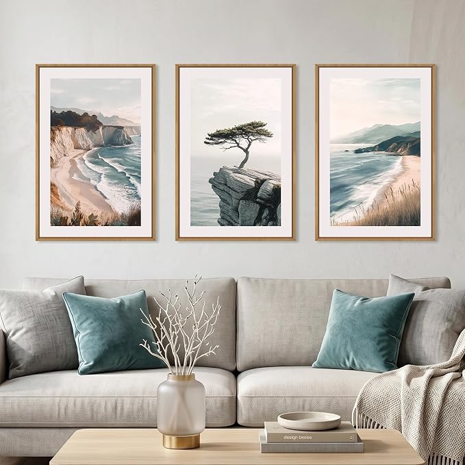Amalfi Coastal Beach Framed Canvas Wall Art Set, Summer Ocean Wall Decor, Southwestern Beach Wall Painting, Ocean Seascape Art Prints for Living Room, Bedroom, Dining Room-24"x36"x3