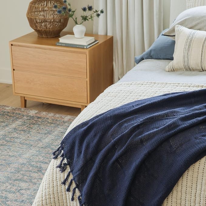 Oasis Deep Current Knit Throw Blanket 55x80, Deep Blue 100% Cotton Decorative Sofa and Bed Blanket, Lightweight All-Season Throw, Handwoven in India, Oeko-TEX Certified, Sofa Accent