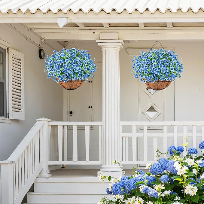 Ouddy Decor Artificial Hanging Flowers with Basket, Fake Hanging Plants with Faux Silk Flowers UV Resistant for Outdoors Indoors Spring Summer Porch Patio Balcony Yard Home Decorations, Blue