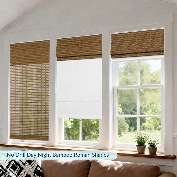 No Drill Double Bamboo Roman Shades for Windows, Day Night Cordless Roman Blinds for Indoor Windows, Thermal Insulated Window Shades for Home Blackout & Light Filtering, Camel, Custom Size
