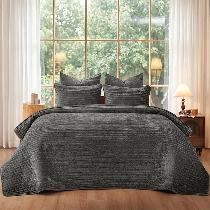 PHF Luxury Velvet Quilt Set Queen Size – 3PCS Ultra Soft Quilted Comforter Alternative with Striped Channel, Cozy Quilted Bedspread, 1 Coverlet with 2 Matching Shams, 90" x 92", Grey