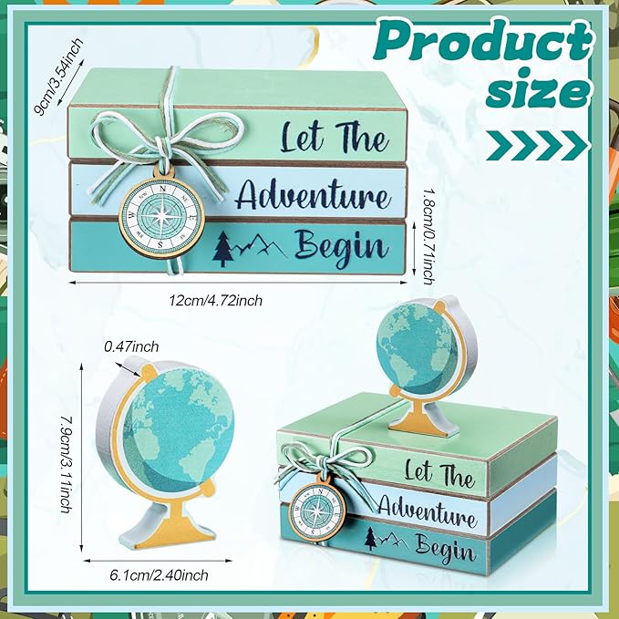 Pinkunn 4 Pieces Travel Themed Wooden Centerpieces Table Toppers Let The Adventure Begin Book Stacks Travel Around The World Bon Voyage for Desk Shelf Home Office Home Living Room
