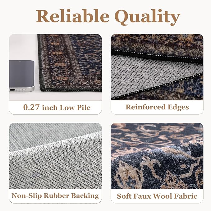 Dark Blue Area Rugs 9x12 Living Room, Washable Non Slip Low Pile Large Carpet for Bedroom Dining, Vintage Old Money Aesthetic Print Big Decorative Rug for Family Room