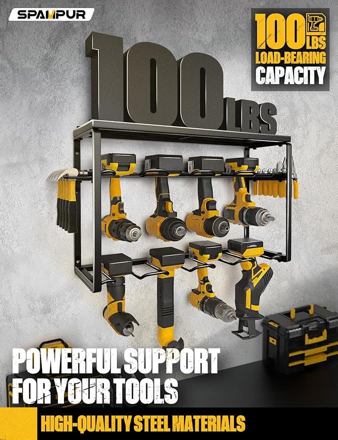 Spampur Power Tool Organizer, 8 Drill Holders Wall Mount, 3 Layer Heavy Duty Metal Storage for Garage Organization, Tools Storage with Hooks, Screwdriver Hammer Holder, Father's Day Mens Birthday Gift