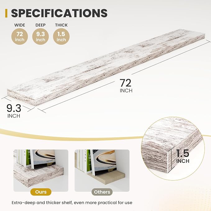 Acovy 72 Inch Floating Shelves, 9.3" Deep Floating Shelf Wall Mounted, 72" Wall Shelves, Rustic Deep Bookshelf, Large Display Shelves & Storage Shelves for Bedroom, Living Room, Rustic, Set of 2