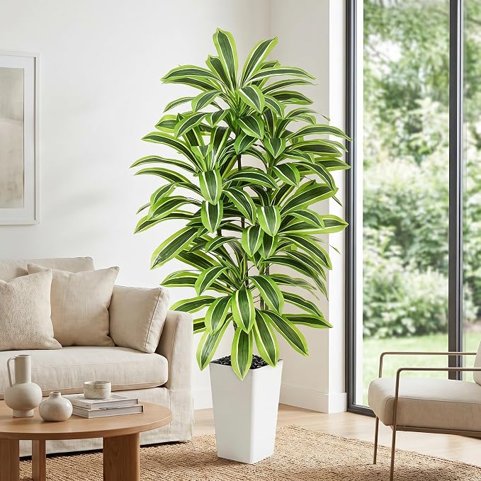 Artificial Yellow Dracaena Tree - 5FT Tall Fake Plants with White Tall Planter - Artificial Plants Indoor Floor Plant in Pot - Large Tropical Fake Yucca Potted Tree for Home Office Living Room Decor