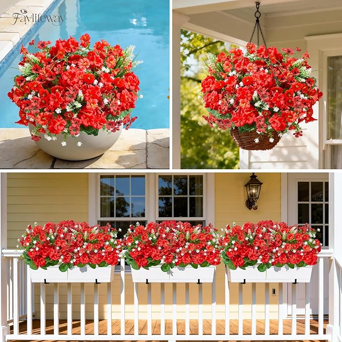 16 Bundles Artificial Flowers for Outdoors, UV Resistant Silk Faux Flowers for Outside Planters,Garden,Porch,Yard,Home Decor(Red)