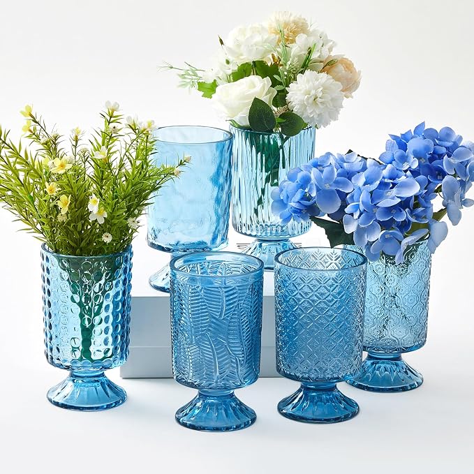 6 Pcs (H: 7" W: 4") Embossed Flower Vase Pedestal Glass Vase Big Base Thickened Crystal Vintage Vases for Wedding Party Home Decor Table Centerpiece House Warming Gifts (Blue,Classic)