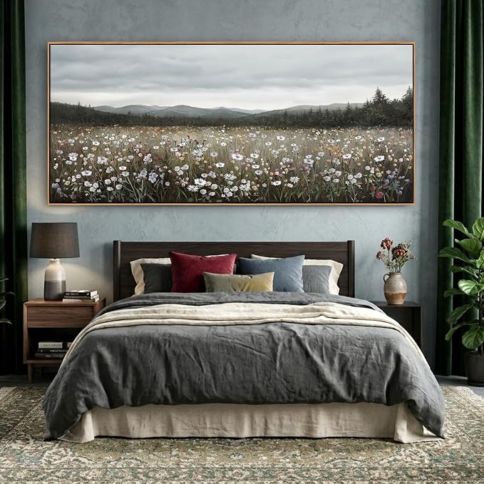 HGUAOA Vintage Landscape Wall Art for Bedroom and Living Room - Large Floral Artworks Farmhouse Wall Decor - Framed Neutral Nature Pictures - Above Bed Wall Decor with Mountain Scenery