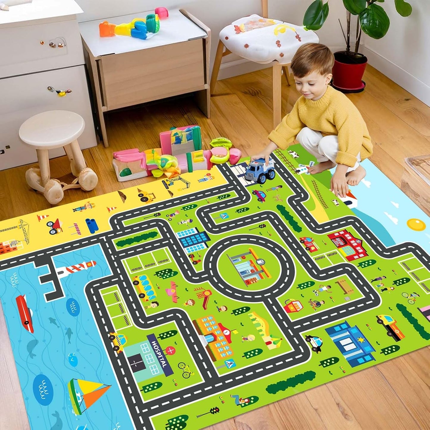 Kids Rug Playroom Car Rug Play Mat City Life Road Rugs Fun City Map for Kids Toy Cars Carpet for Bedroom Boys (Green-Rug, 3.3x4.9ft)