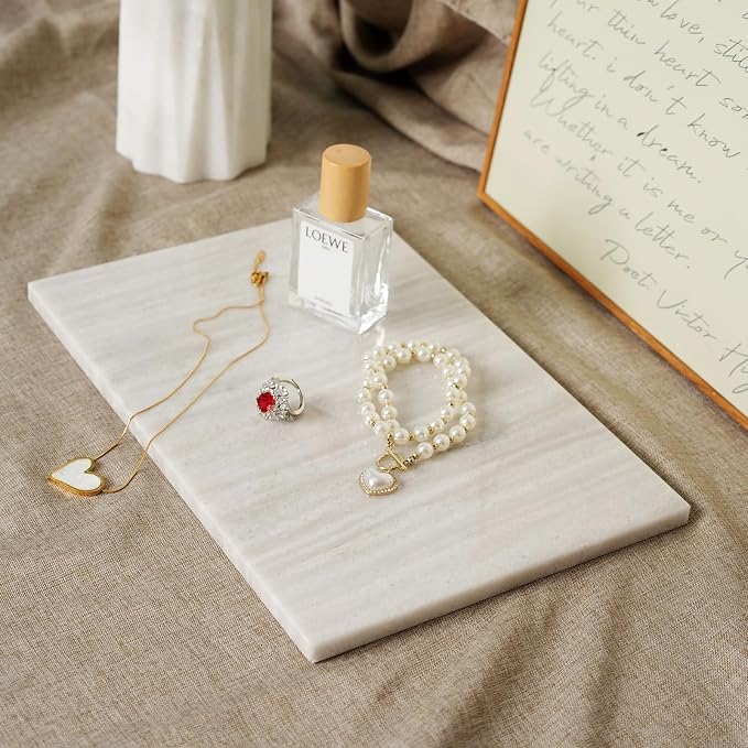 Koville Natural Marble Cutting Board for Kitchen Countertop, 12" x 8" Pastry Bread Macaron Display Board, Real Stone Slab Marble Cheese Boards, Bathroom Perfume Tray Candle Plate(Nestos White)