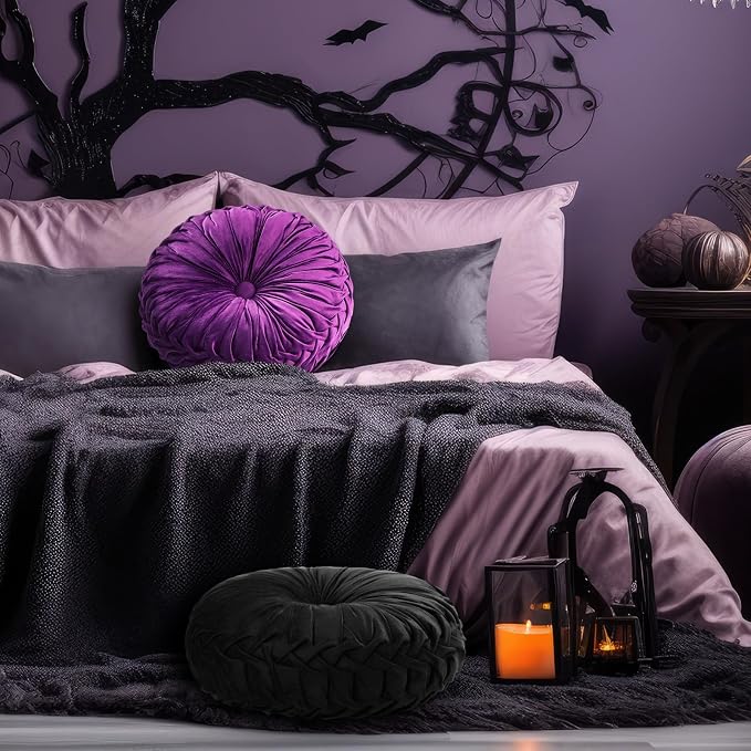 Beeveer 2 Pcs Round Throw Pillows 15 Inch Decorative Velvet Pleated Pumpkin Pillows Boho Floor Pillow with Center Button for Living Room Couch Chair Bed Sofa Home Decoration (Black and Purple)