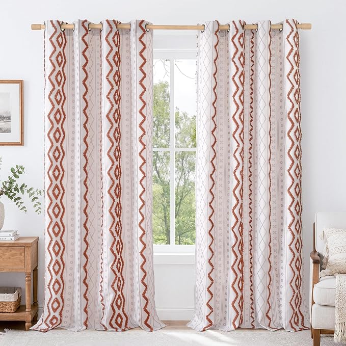 BGment Terracotta Jacquard Linen Curtains, Boho Tufted Pom Stripe Geometric Pattern with Grommet Floor Length for Bedroom Living Room Light Filtering, 2 Panels Set, 52 X 96 Inch