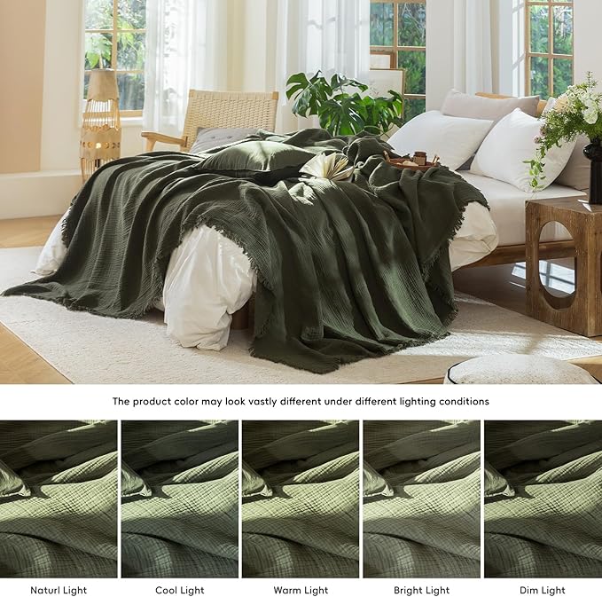 MooMee Muslin Blanket - 100% Cotton 4-Layer Gauze Throw Blanket with All-Around Fringe, Soft Breathable Lightweight Cooling Summer Blankets for Bed Couch (Olive Green,King 104" x 90")