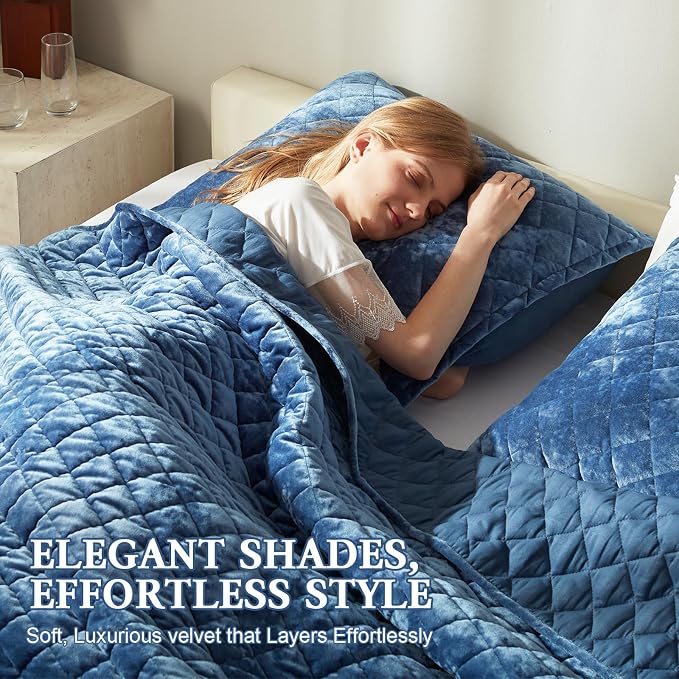 Cosybay Luxury Velvet Quilt Set King, Lightweight Oversized Bedspread Coverlet Quilted Box Stitch Bedding Set, with 2 Matching Pillow Shams, for All Season, Dusty Blue