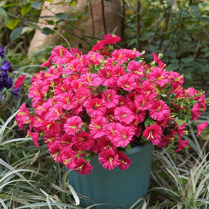 Artificial Flowers for Outdoors, UV Resistant Fake Silk Morning Glory, Realistic Faux Plants for Outside Porch Patio Window Box Hanging Planter (12, Hot Pink)
