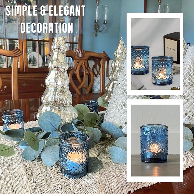 48 Pcs Blue Glass Votive Candle Holders, Tealight Candle Holders for Table Centerpieces, Vintage Candle Holder Bulk, Boho Wedding, Home, Bridal Shower, Birthday Party Table Decor (Blue)