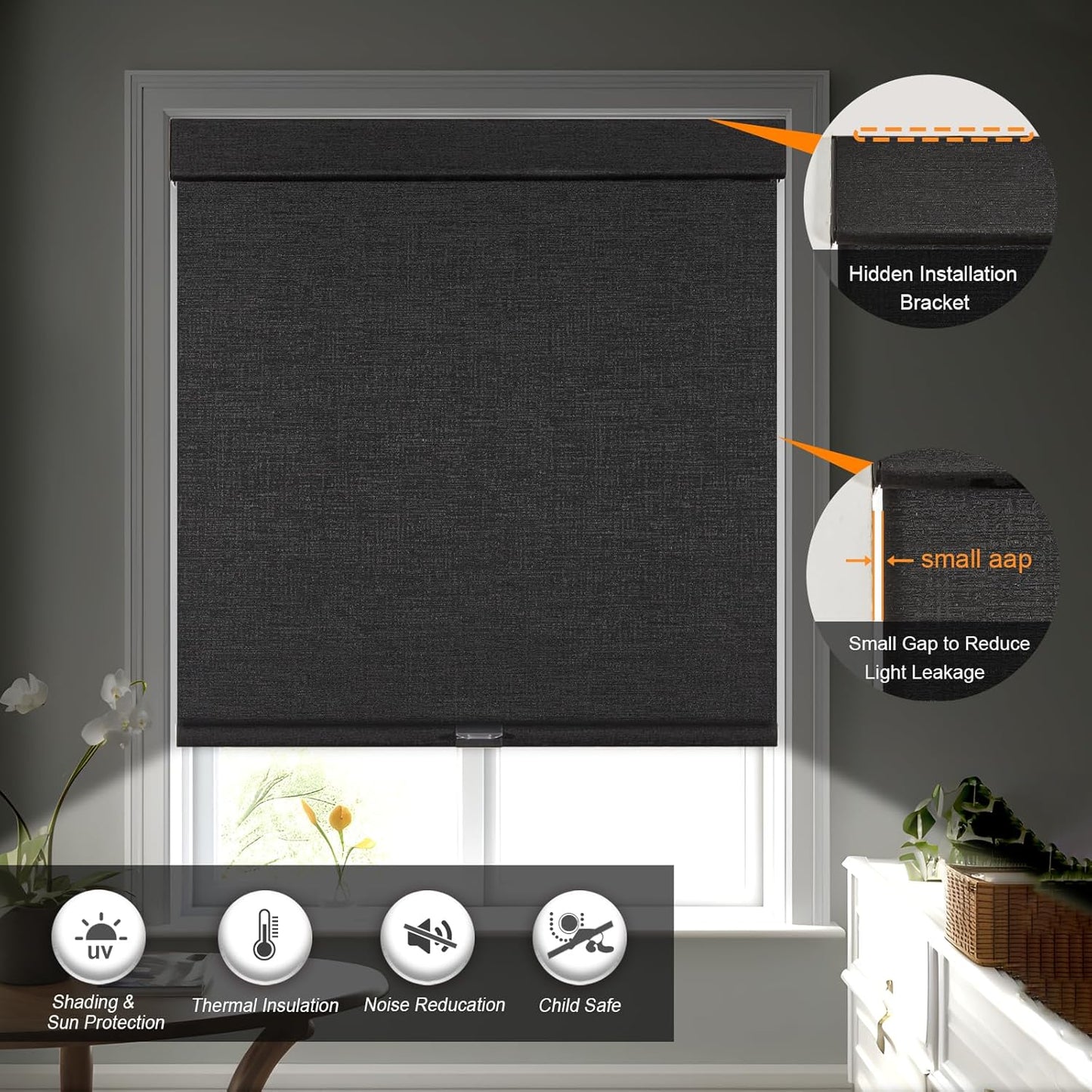 Persilux Free-Stop Cordless Blinds for Indoor Windows with Cover, Window Shades Blackout Roller Blinds, Thermal Insulated Fabric UV Protection for Kitchen, Office, Living Room, Black(14" W x 48" H)
