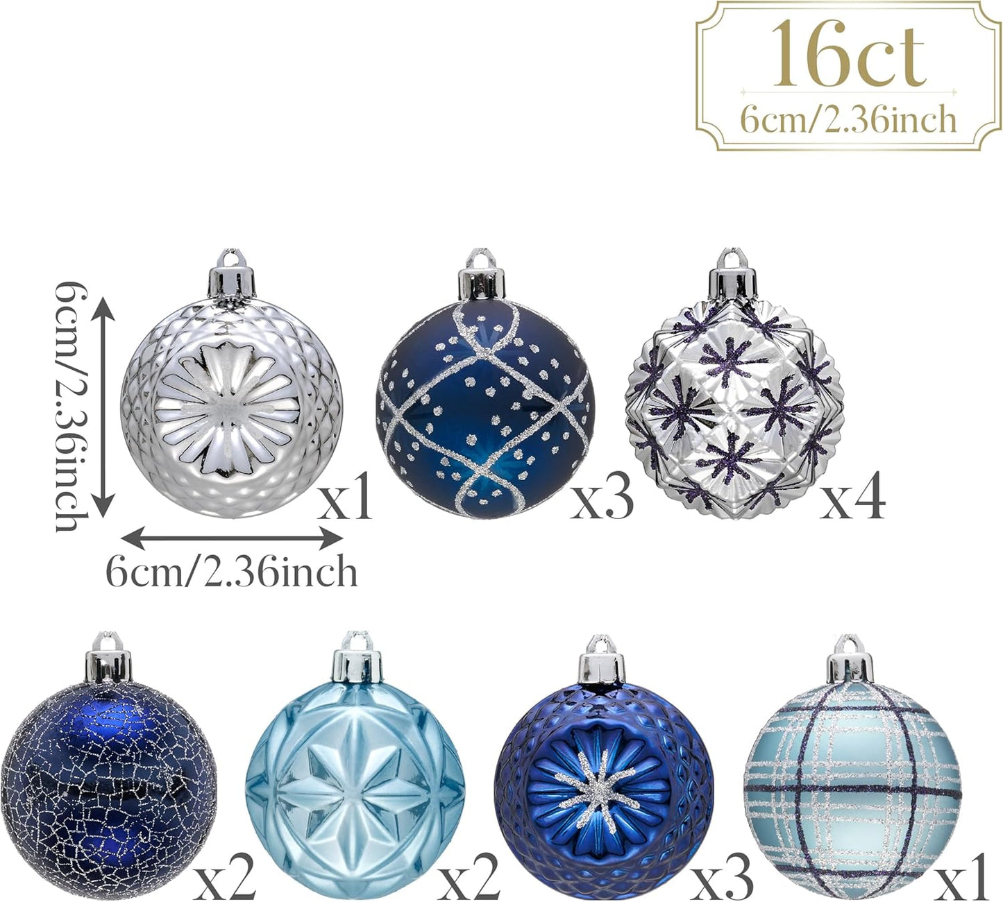 Valery Madelyn Ornaments for Christmas Trees, 16ct 2.36 Inches Navy Blue and Silver Shatterproof Christmas Tree Decorations, Luxury Hanging Ball Ornaments for Xmas Holiday Party Decor