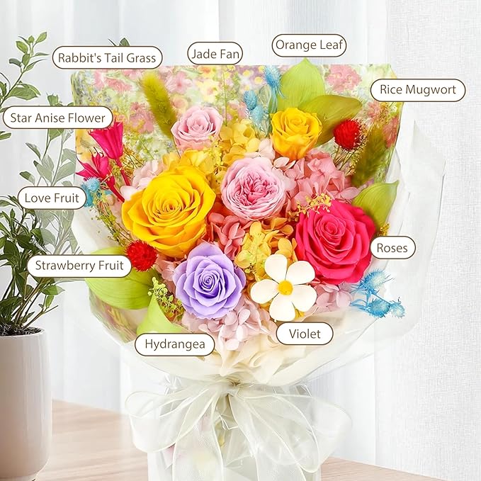 Flowers for Delivery Dopamine Mixed Colors Roses Preserved Flowers Bouquet with Gift Box, Mothers Day Gifts for Mom, Birthday Day Gifts for Women, Wife, Her, Grandma on Valentines Anniversary Proposal