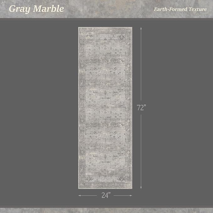 2x6 Washable Runner Rug for Bathroom & Kitchen, Non-Slip Low Pile Vintage Distressed Runner, Neutral Gray Marble-Inspired Rug for Laundry Room, Hallway & Entryway