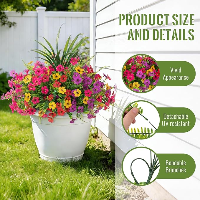 INXUGAO Artificial Fake Flowers Plants for Outdoor Spring Summer Decor, 12 Bundles Faux Silk Flowers for Outdoor Outside Planter Colorful Daisy UV Resistant Look Real for Front Door Porch Patio Yard