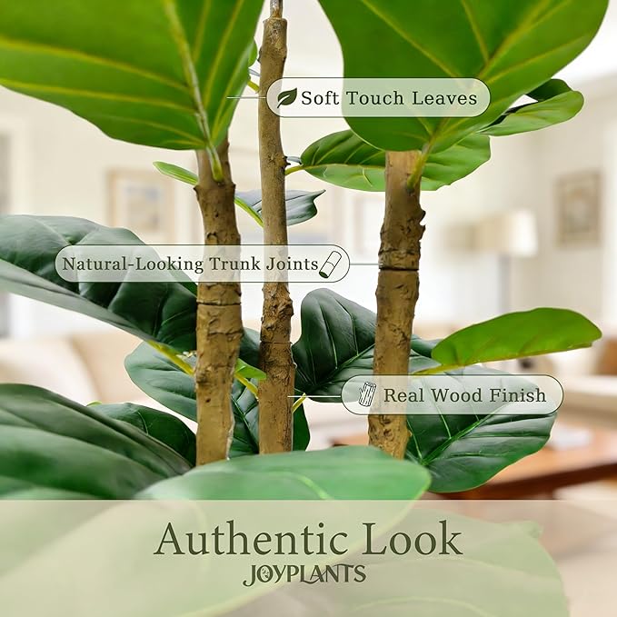 5ft Fake Fiddle Leaf Fig Tree, Realistic Fake Plants with Natural-Looking Trunk, Evergreen Faux Plants Indoor for Home & Office Decor（3 Poles, White Pot）