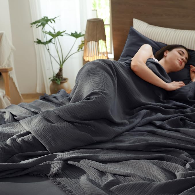 MooMee Muslin Blanket - 100% Cotton 4-Layer Gauze Throw Blanket with All-Around Fringe, Soft Breathable Lightweight Cooling Summer Blankets for Bed Couch (Dark Grey,Oversize Queen 98" x 98")