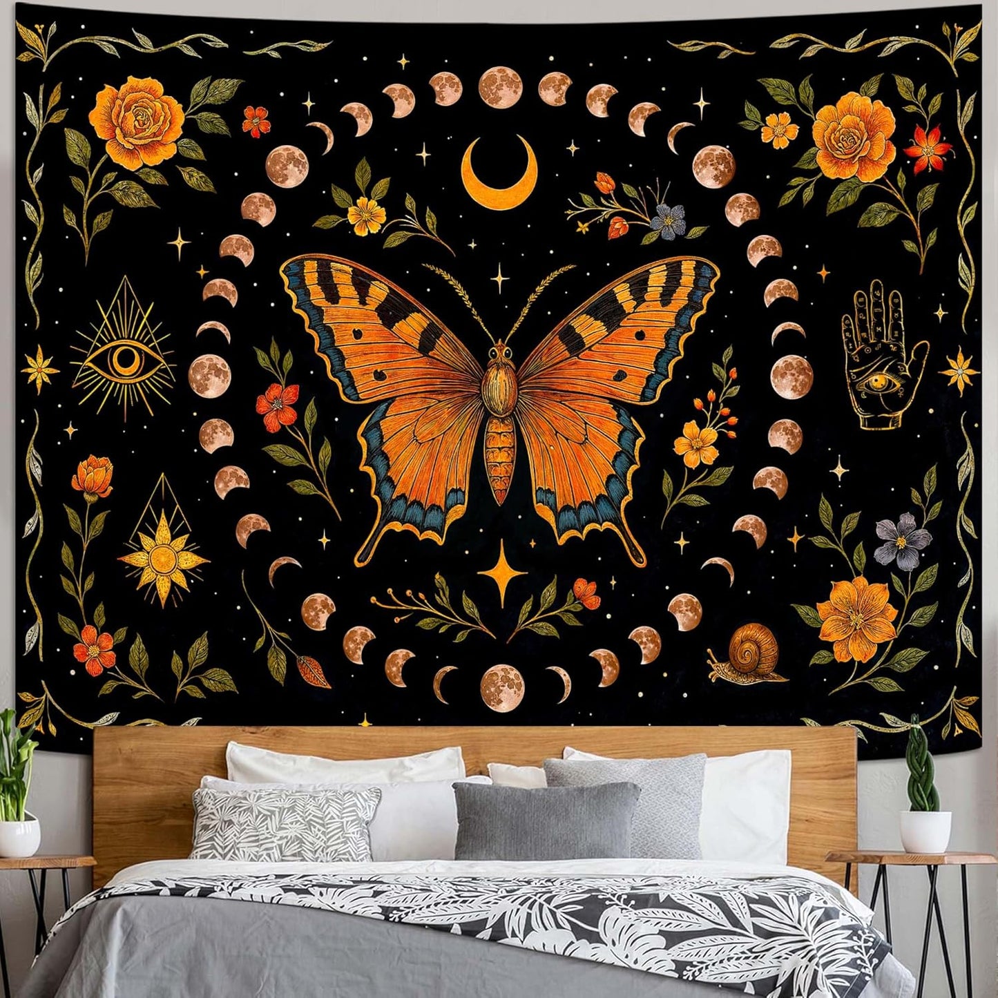 Lunerfex Moon Phase Butterfly Floral Wall Tapestry, Celestial Botanical Tapestries for Room Decor, Mystical Tapestry 80x60 Inch