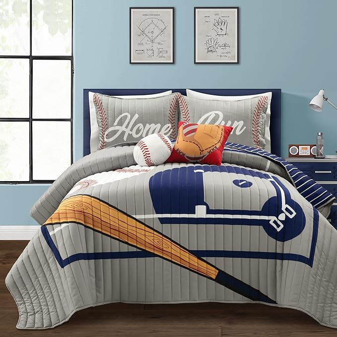Lush Decor Baseball Game Reversible Quilt Queen Size 5 Piece Set Full/Queen Gray & Navy - Kids Bedding Set Full Quilt - Sports Decor - Baseball Bedding