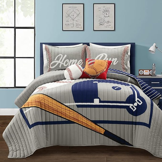 Lush Decor Baseball Game Reversible Quilt Queen Size 5 Piece Set Full/Queen Gray & Navy - Kids Bedding Set Full Quilt - Sports Decor - Baseball Bedding