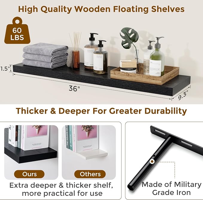 Black Floating Shelves for Wall, 36 inch Wooden Wall Mounted Shelves, 9.3in Deep Floating Book Shelves, Large Display Shelves for Bathroom Kitchen Living Room, 36"W x 9.3"D x 1.5"H, 2 Packs