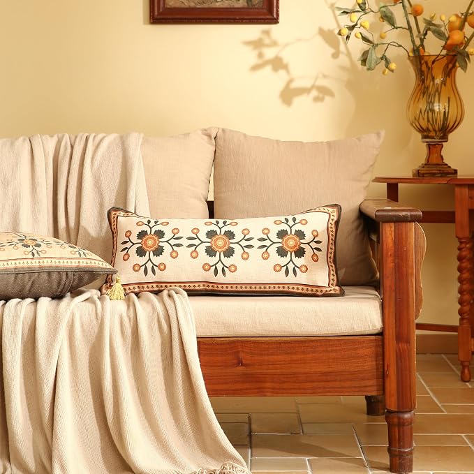bilin gaier Brown Throw Pillow Covers Set of 2,Floral Farmhouse Linen Accent Pillows Cover for Couch Throw Pillows Case,Decorative Lumbar Pillows for Couch Sofa Bed Chair Cushion Covers 12"x20"