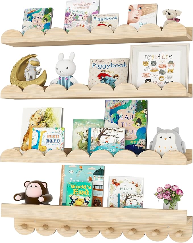24 Inch Floating Shelves for Wall, 4-Pack Nursery Book Shelves with Hooks, Scalloped Shelves, Wall Book Shelves for Kids Room, Toddler Room, Baby Room, Nursery Decor