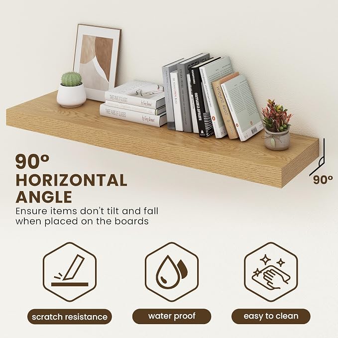 FLYJOE 48 Inch Floating Shelves | 12 Inch Deep Oak Floating Shelves Set of 2 | 48" W x 12" D Oak Wall Shelves for Bathroom Living Room Kitchen Laundry Room