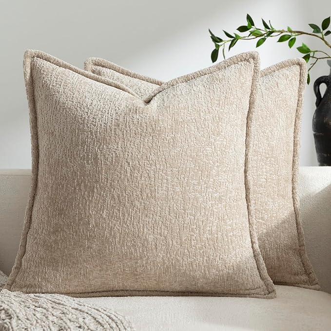 DEZENE Pack of 2 Tan Decorative Throw Pillow Covers 18x18 Cozy Soft Chenille Accent Vintage Square Couch Pillow Covers for Home Decor Bed Sofa Living Room