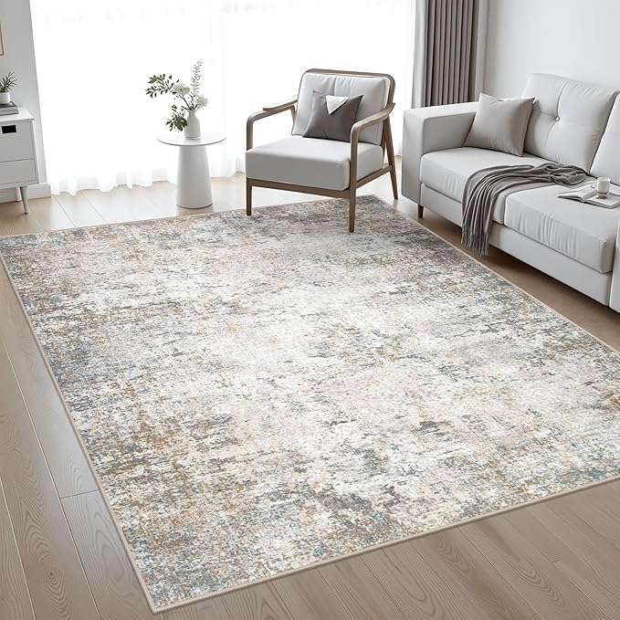 10x12 Area Rug Living Room Rug: Washable Modern Abstract Soft Thin Rug Indoor Floor No Slip Stain Resistant Carpet for Bedroom Dining Room Farmhouse Nursery Home Office - Brown Grey