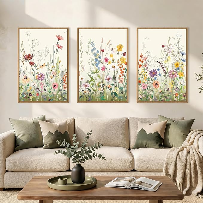 Large Watercolor Colorful Wildflower Framed Canvas Wall Art Set,Modern Natural Floral Botanical Wall Decor,Vibrant Flower Butterfly Landscape Artwork for Living Room, Bedroom,Office- 16"x24"x3
