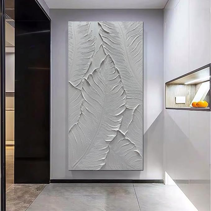 Art8YuQi Paintings - Contemporary Abstract Art leaf Oil Painting On Canvas Texture 3D White Painting Plantain Handmade Artwork Picture Canvas Wall Art Modern Home Decor living room Ready to Hang 24X48 inch