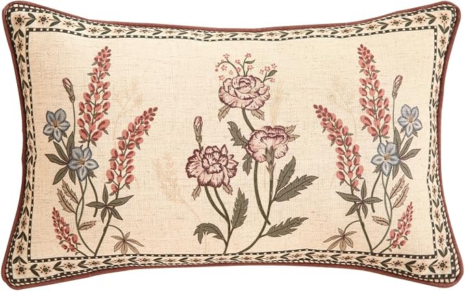 ISAENNE Designer Vintage Linen Throw Pillow Cover,20"x12"-Helena C | Elegant French Rectangle Pillow Cover,Concealed Zipper Design,Floral Pattern,Sofas,Bedroom,Living Room,Lounge Chairs