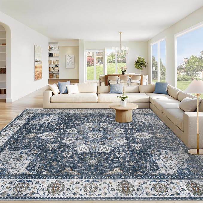 Area Rug 9x12 Washable Rug, Vintage Boho Medallion Rugs Non-Slip Soft Low Pile Large Distressed Rug Indoor Retro Carpet for Living Room Bedroom Dining Room Home Office (Vintage Blue, 9'x12')