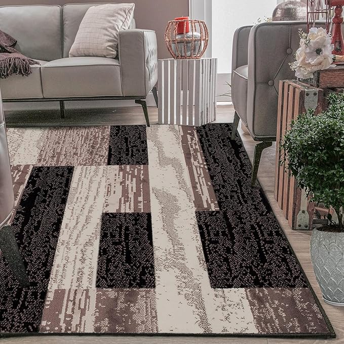 Superior Indoor Area Rug, Jute Backed, Modern Geometric Patchwork Floor Decor for Bedroom, Office, Living Room, Entryway, Hardwood Floors, Rockwood Collection, 8' x 10', Chocolate