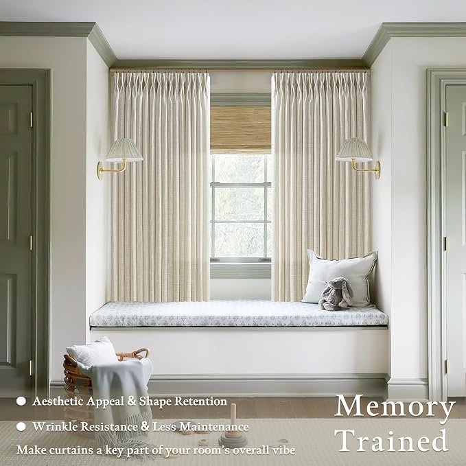TWODRAPES Short Linen Pinch Pleated Curtains 2 Panels Set for Living Room Bedroom Boho Farmhouse Memory Trained Semi Sheer Light Filtering Linen Textured Drapes Back Tab Cafe Curtain 50Wx45L