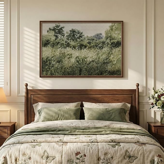 Large Framed Vintage Wall Art, Modern Farmhouse Green Botanical Landscape Canvas Painting Prints, Rustic Cottage Core Nature Flower Meadow Picture for Living Room Bedroom Kitchen Wall Decor, 24x36 In